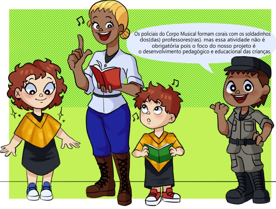 Quadrinho do Segurart: policial do Corpo Musical, professora e alunos